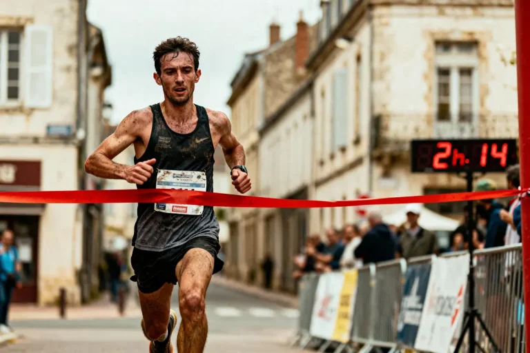 Coureur franchissant la ligne d'arrivée d'un marathon, chrono affichant 2h14, rue bordée de spectateurs.