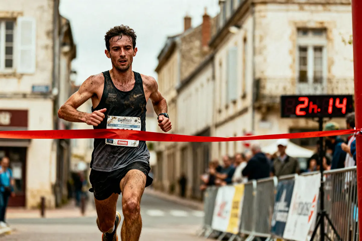 pexels-michal-pech-213601-757318 (1) Coureur franchissant la ligne d'arrivée d'un marathon, chrono affichant 2h14, rue bordée de spectateurs.