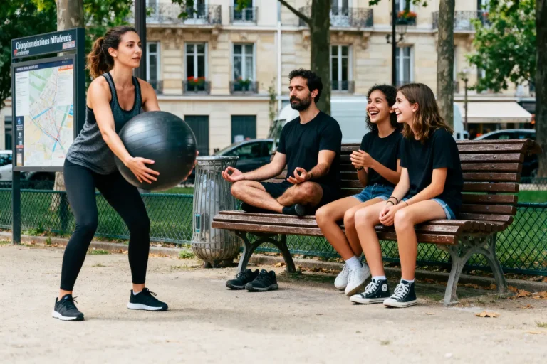 Une femme s'exerce avec un ballon devant trois personnes assises souriantes sur un banc dans un parc.
