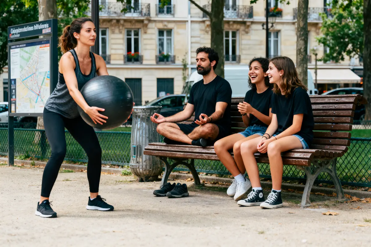 pexels-michal-pech-213601-757318 (1) Une femme s'exerce avec un ballon devant trois personnes assises souriantes sur un banc dans un parc.
