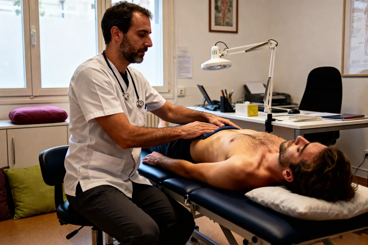 Médecin examine un patient allongé sur une table dans un cabinet médical.