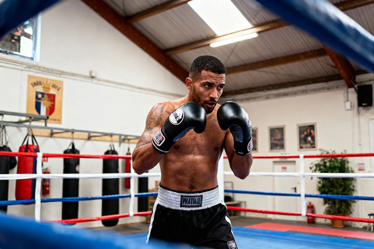 Boxeur torse nu s'entraîne dans un ring de boxe avec des gants noirs, entouré de sacs de frappe.