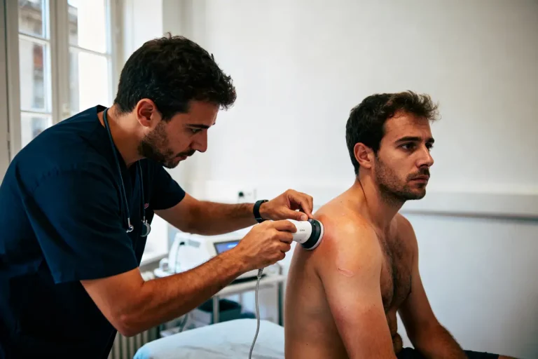 Un médecin effectue une échographie sur l'épaule d'un patient torse nu, dans un cabinet médical lumineux.