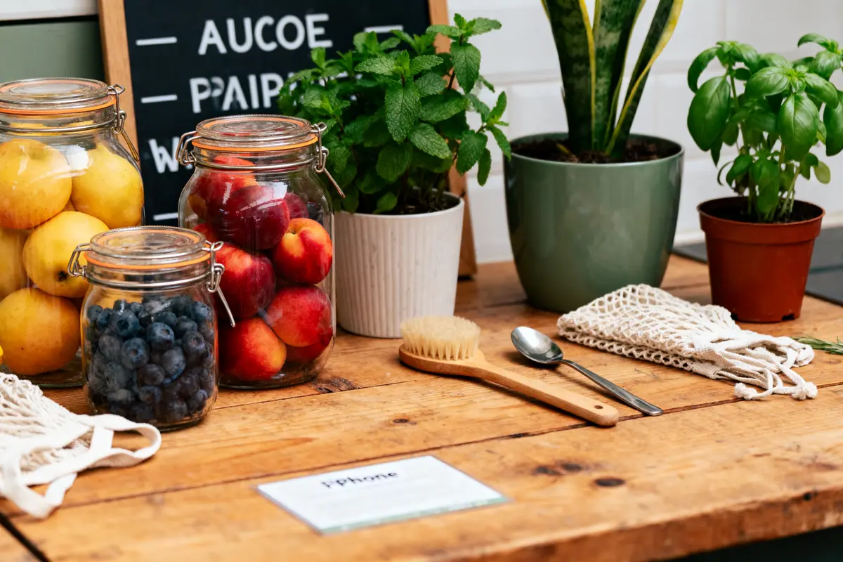 pexels-michal-pech-213601-757318 (1) Pots de fruits, plantes en pots, ustensiles et sac en filet sur une table en bois.