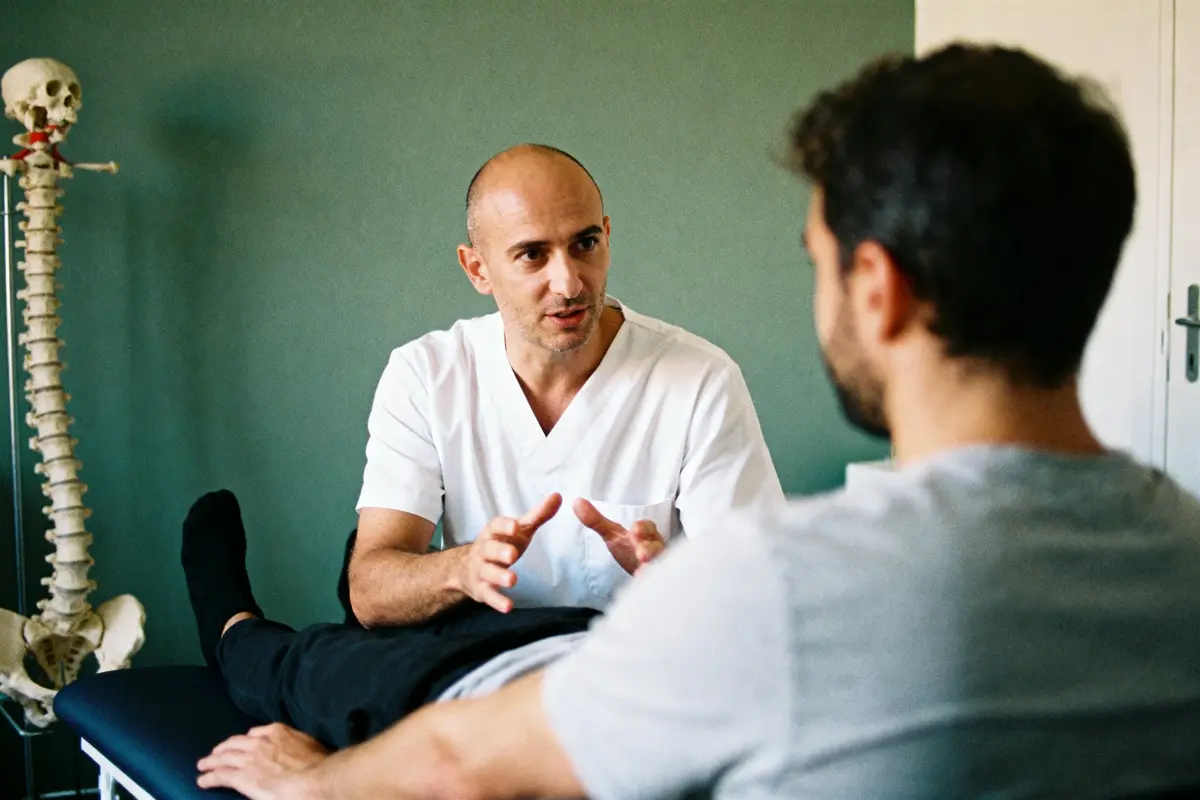 Un thérapeute parle avec un patient allongé, squelette en arrière-plan, dans une salle de consultation.