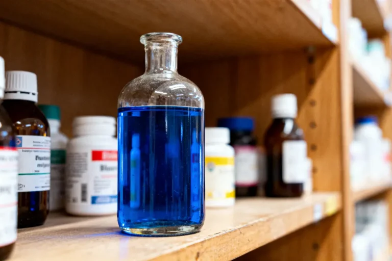 Bouteille en verre avec liquide bleu sur étagère, entourée de divers flacons et bouteilles blanches.