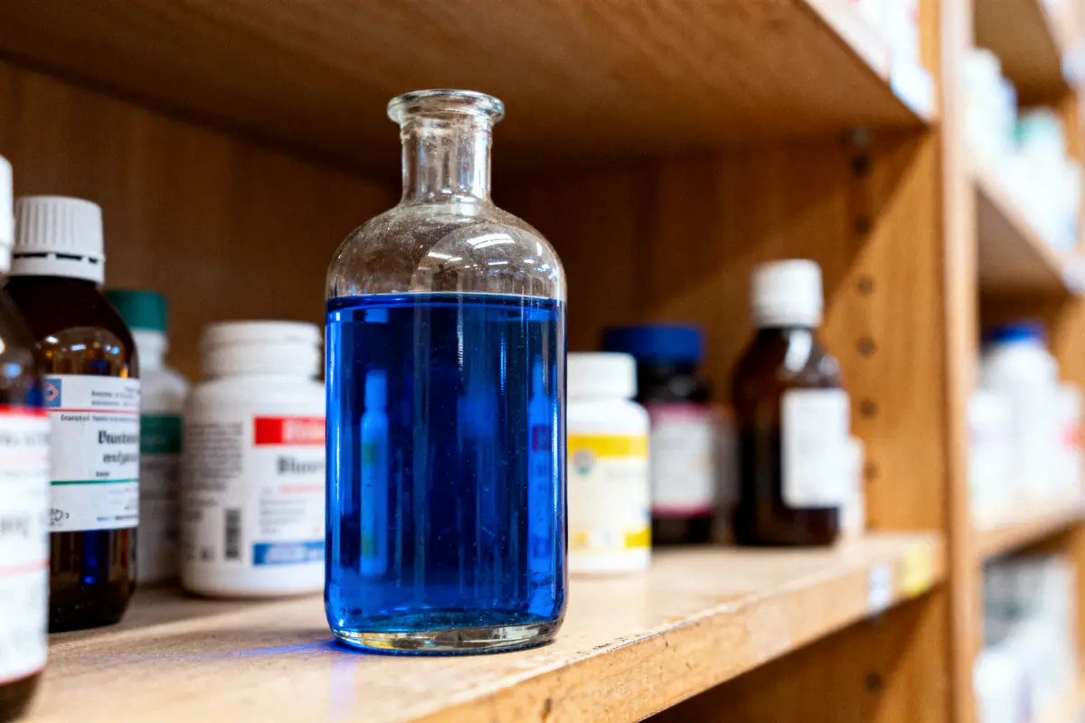 Bouteille en verre avec liquide bleu sur étagère, entourée de divers flacons et bouteilles blanches.