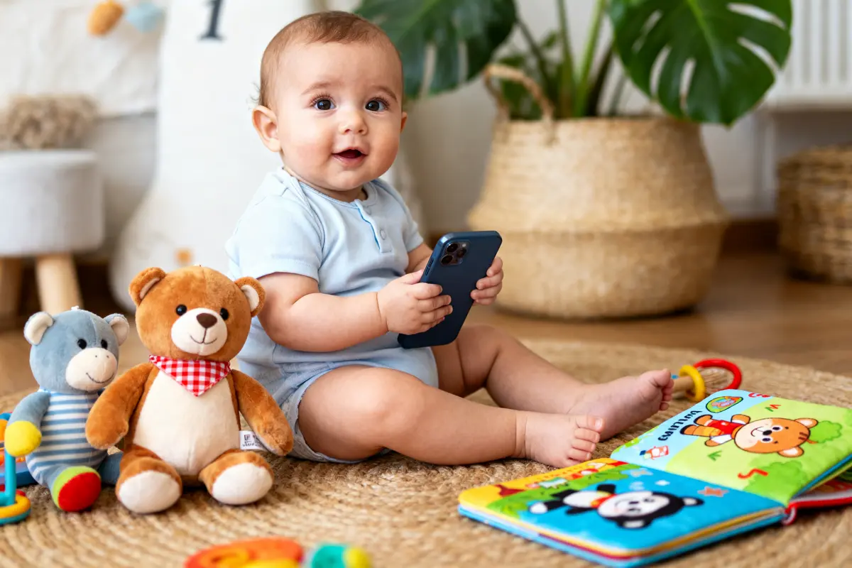 pexels-michal-pech-213601-757318 (1) Bébé assis avec téléphone, entouré de jouets en peluche et livre coloré sur tapis.