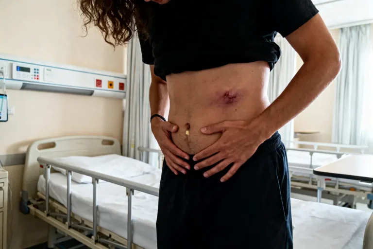 Personne inspectant cicatrices abdominales dans une chambre d'hôpital, à côté d'un lit médicalisé.