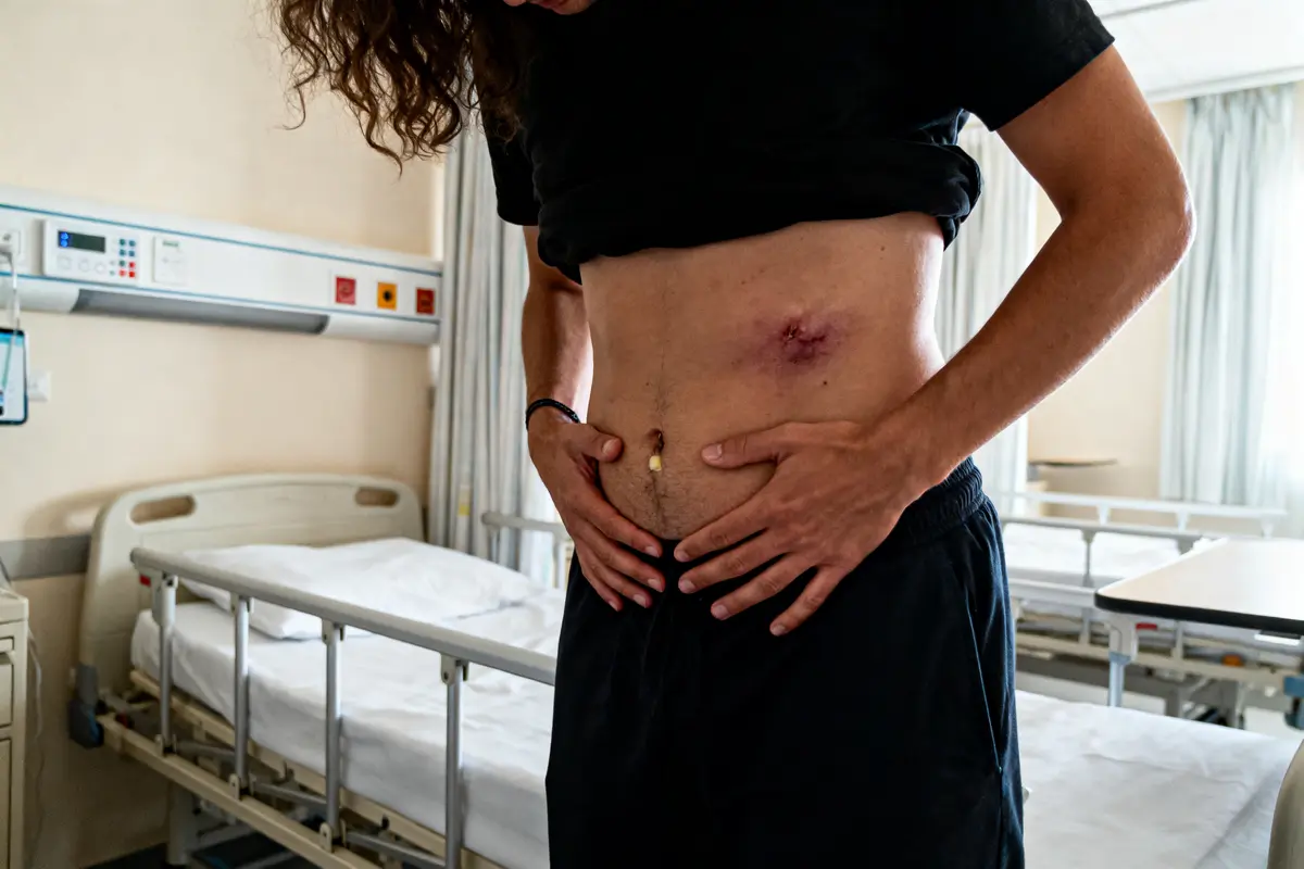 Personne inspectant cicatrices abdominales dans une chambre d'hôpital, à côté d'un lit médicalisé.