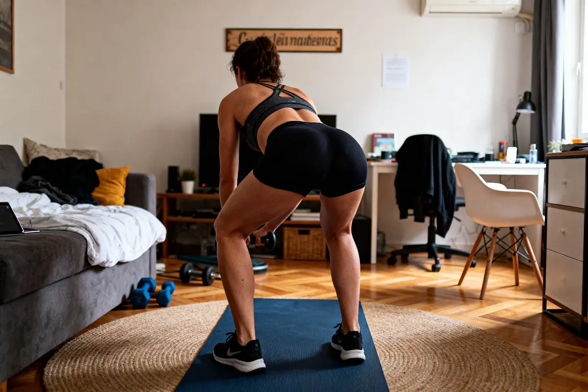 pexels-michal-pech-213601-757318 (1) Femme faisant de l'exercice chez elle, soulevant des poids, sur un tapis bleu, dans un salon moderne.
