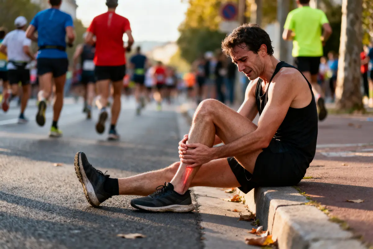 Coureur blessé assis sur le trottoir, tenant sa jambe, pendant une course à pied.