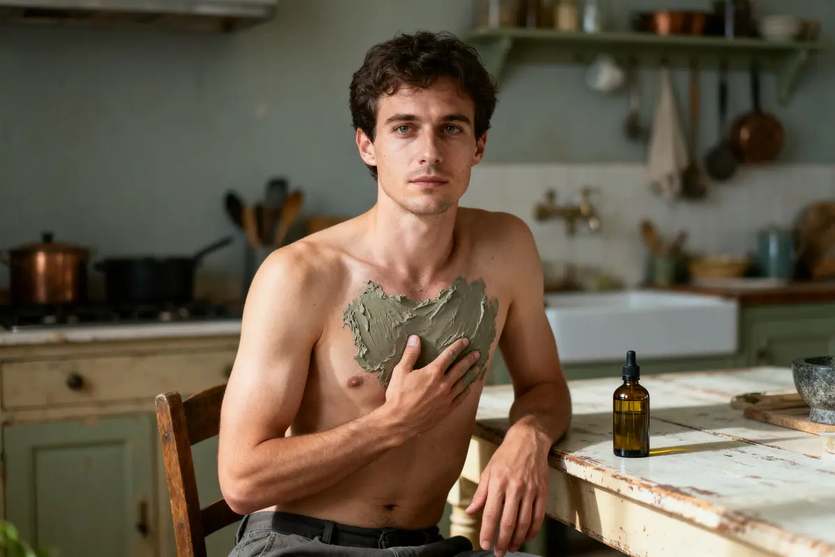 Homme torse nu avec masque d'argile sur la poitrine, bouteille d'huile sur table de cuisine rustique.
