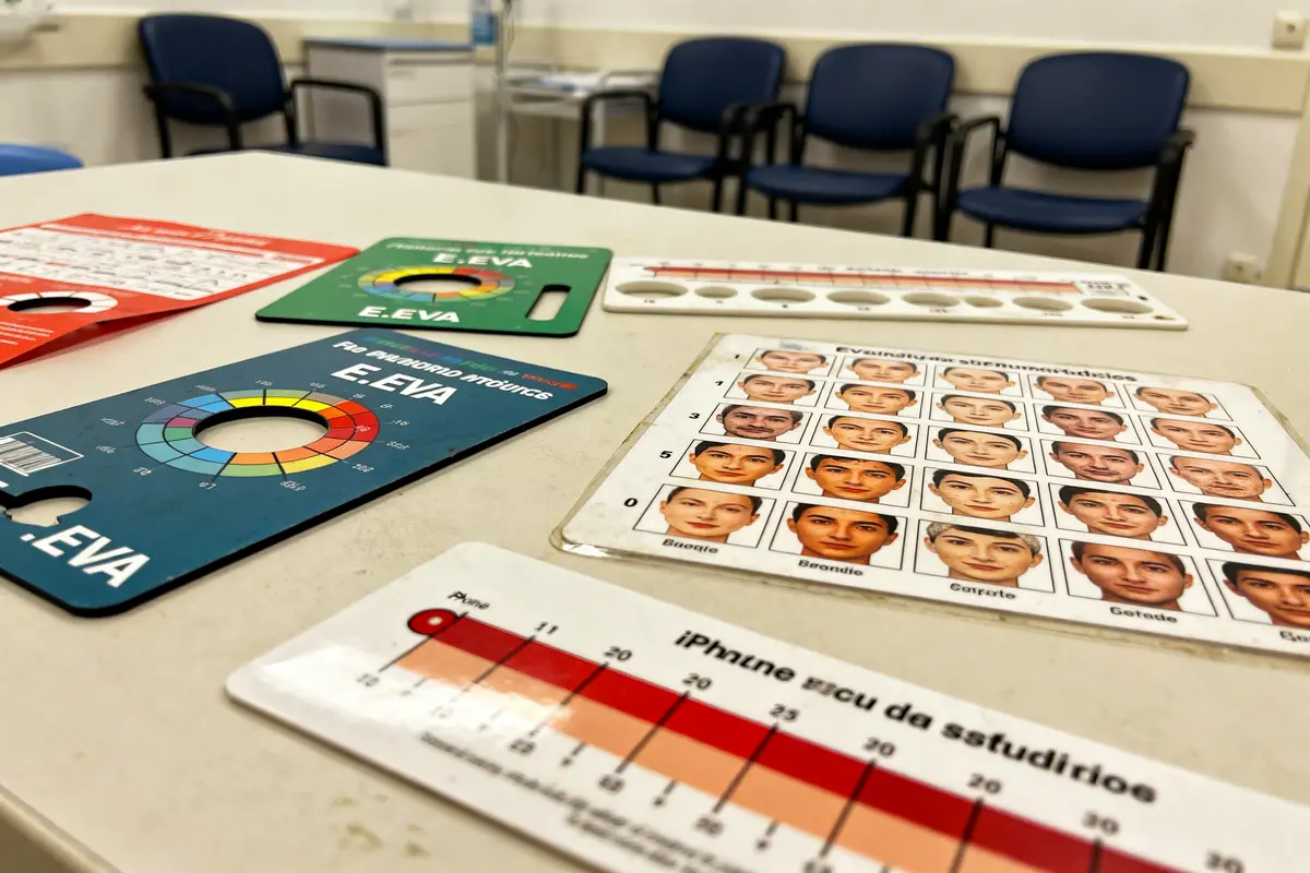 Cartes de mesure de la douleur et des émotions sur une table dans une salle d'attente médicale.