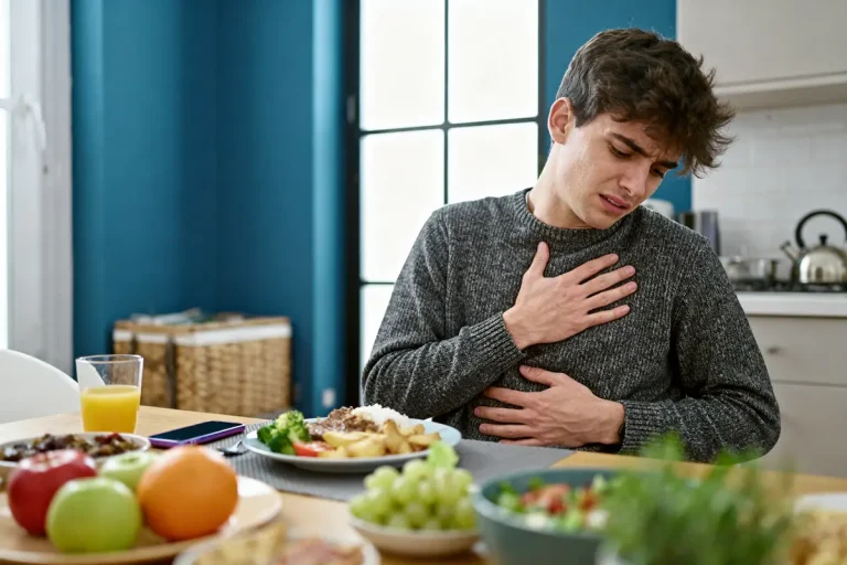 Un homme ressent une douleur, main sur la poitrine, assis à une table avec repas.