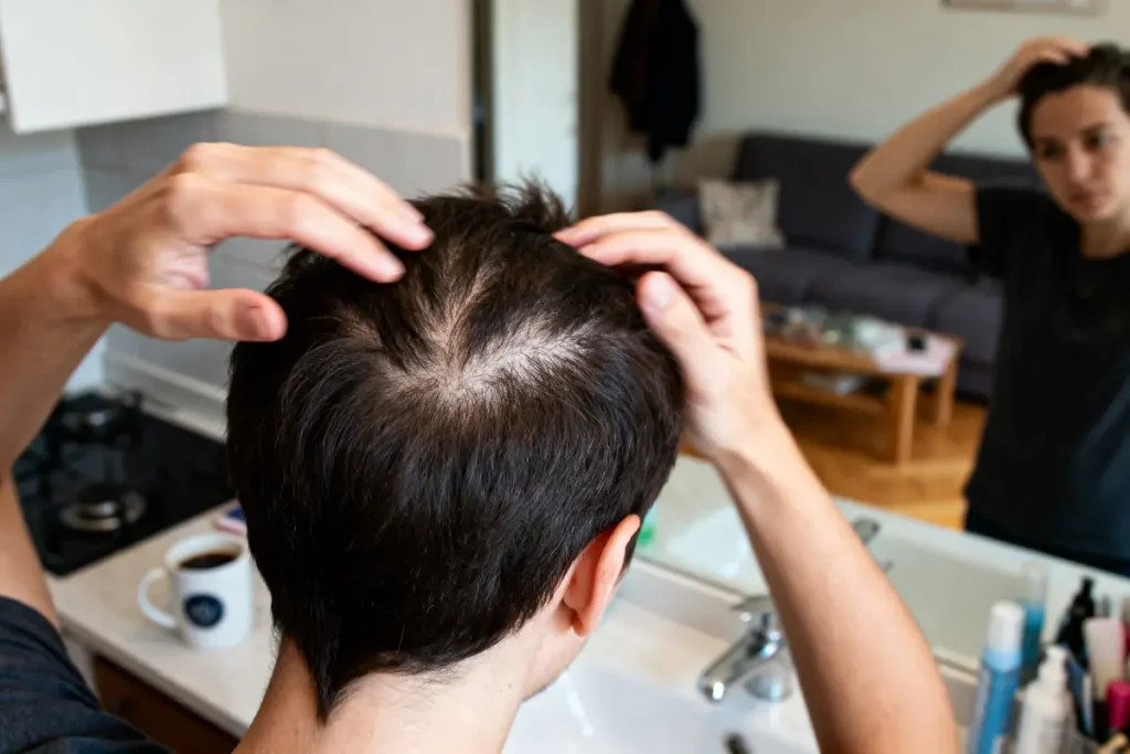 Une personne inspecte ses cheveux clairsemés devant un miroir, à côté d'un lavabo.