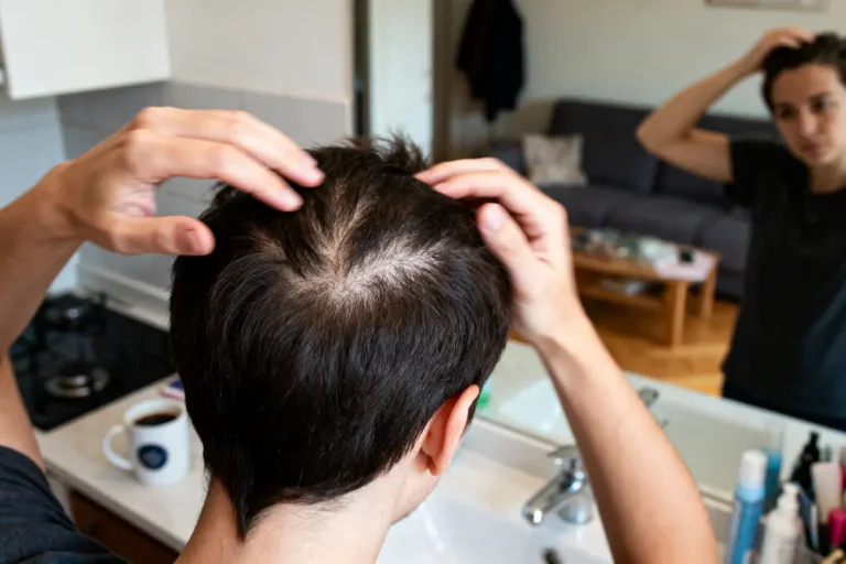 Une personne inspecte ses cheveux clairsemés devant un miroir, à côté d'un lavabo.