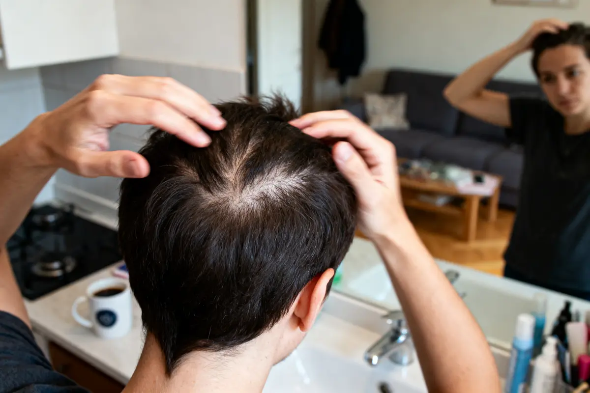 Une personne inspecte ses cheveux clairsemés devant un miroir, à côté d'un lavabo.