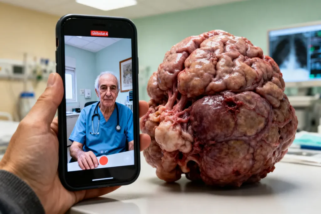 Une main tient un smartphone montrant un médecin en visioconférence, à côté d'une masse organique impressionnante.