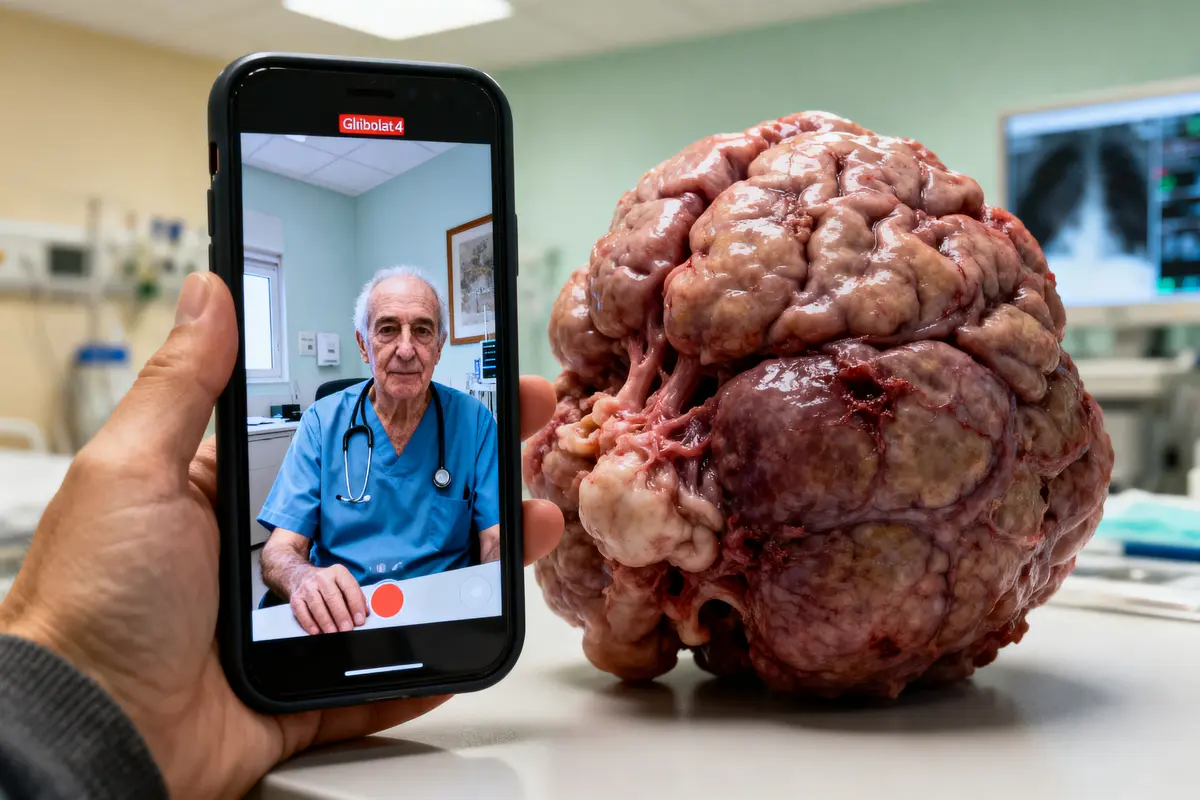 Une main tient un smartphone montrant un médecin en visioconférence, à côté d'une masse organique impressionnante.