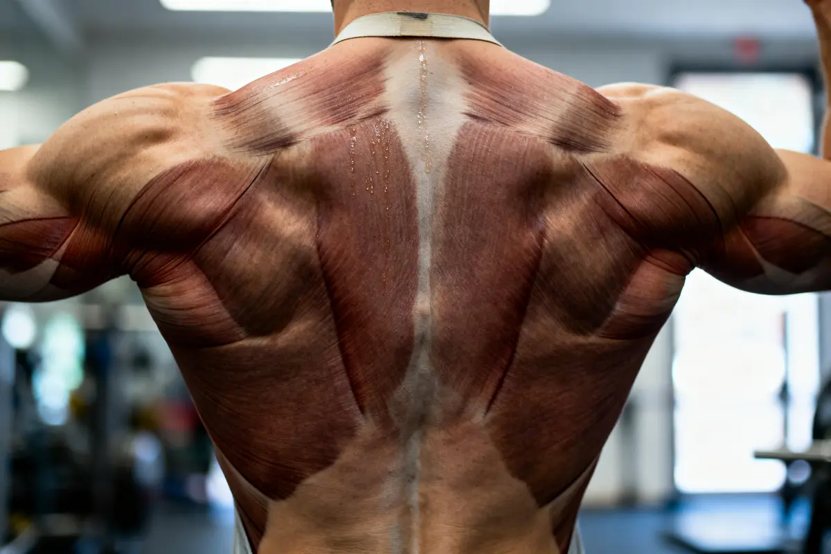 Dos musclé d'un homme dans une salle de sport, montrant les muscles détaillés sous la peau.