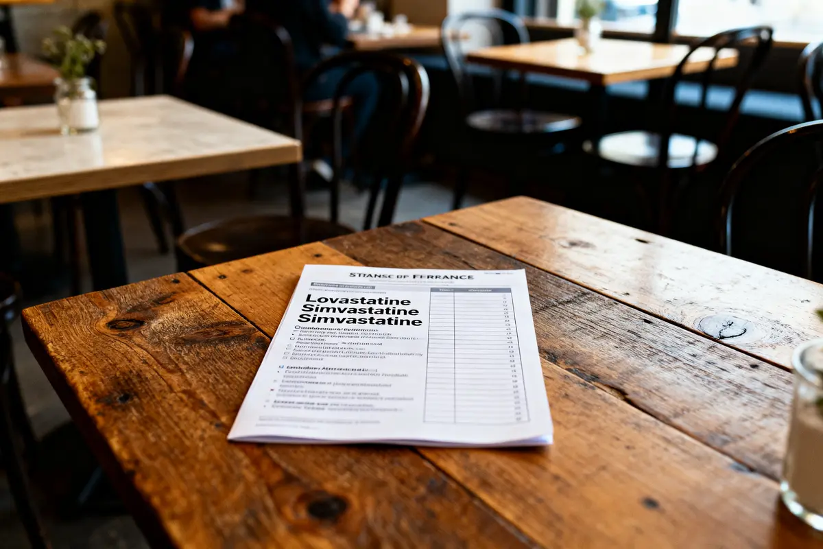 Document sur Lovastatine Simvastatine sur une table en bois dans un café, ambiance chaleureuse, tables et chaises en arrière-plan.
