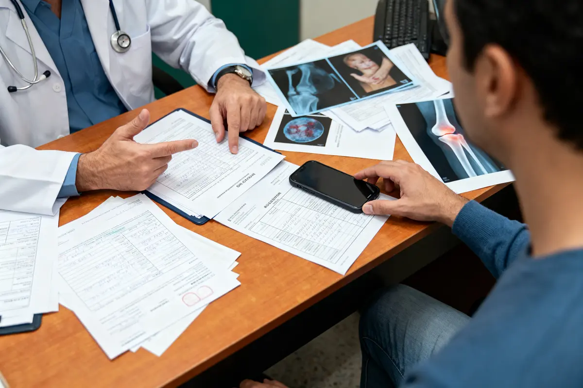 Docteur et patient discutant de documents médicaux et radiographies sur un bureau.