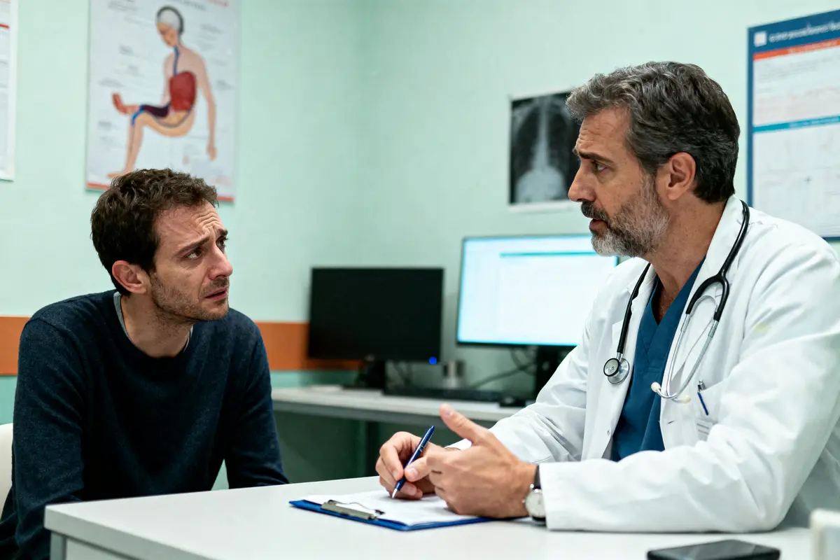 Médecin et patient discutant dans un cabinet médical, avec poster anatomique et écran d'ordinateur en arrière-plan.