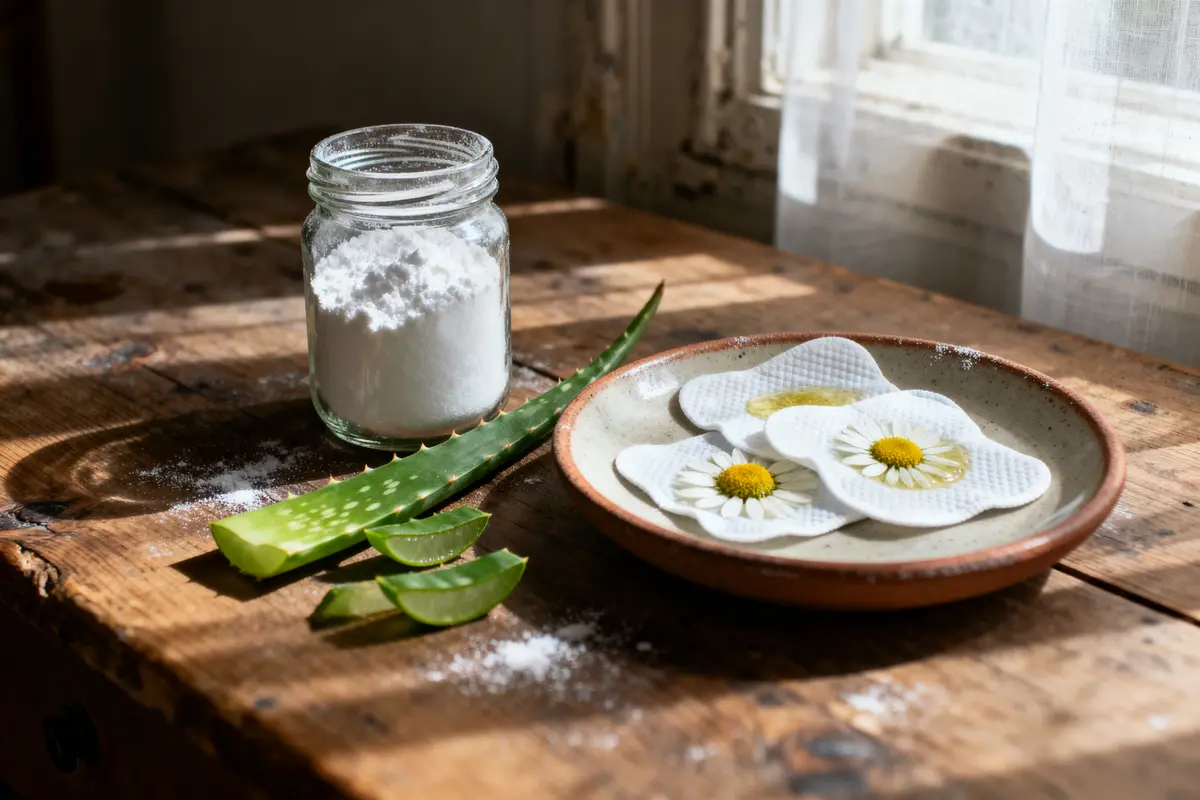 Tranches d'aloe vera, pot de poudre blanche, tampons floraux sur assiette, table en bois ensoleillée.