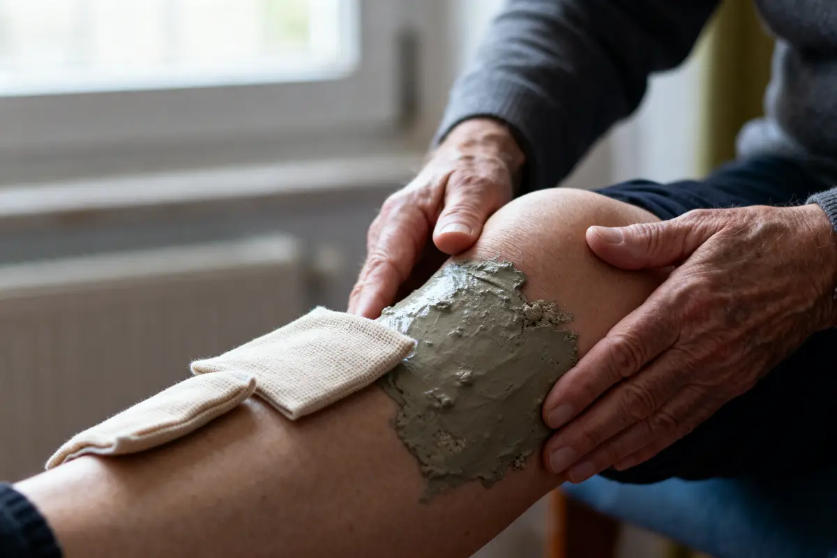 Personne appliquant de l'argile sur son genou, un tissu posé à côté pour un traitement de douleur.