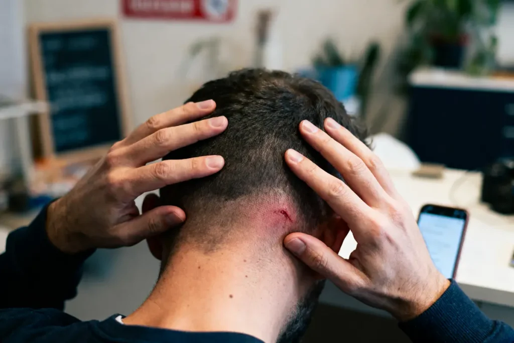 Homme touchant sa nuque, petite blessure visible, fond flou avec téléphone et plantes.