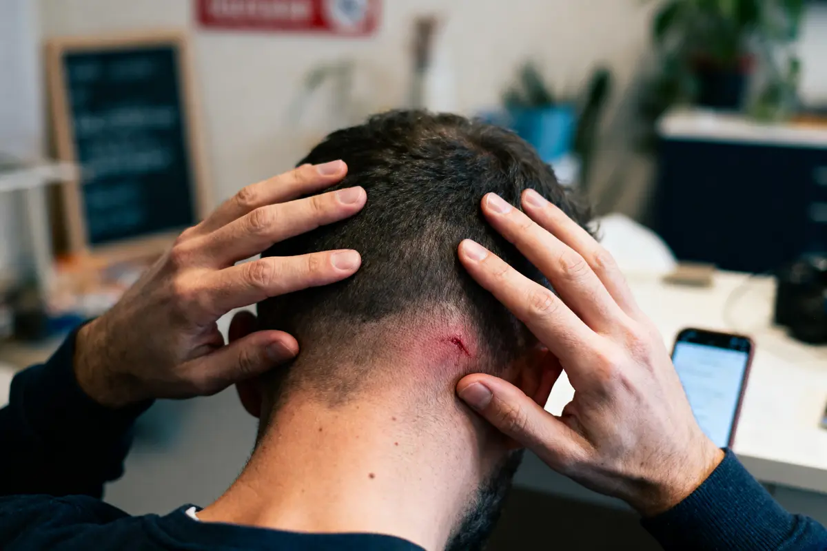 Homme touchant sa nuque, petite blessure visible, fond flou avec téléphone et plantes.