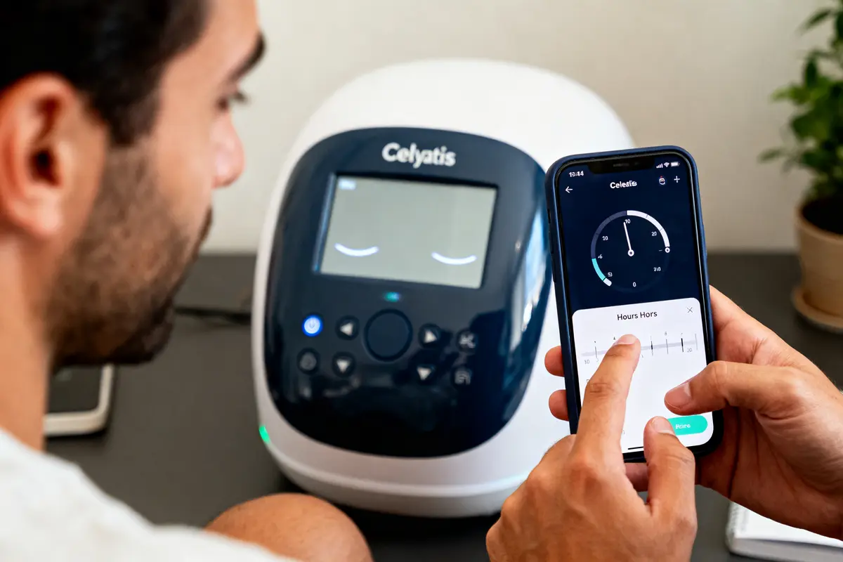 Homme utilisant smartphone pour contrôler un appareil médical Celyatis, écran d'interface graphique visible, plante en arrière-plan.
