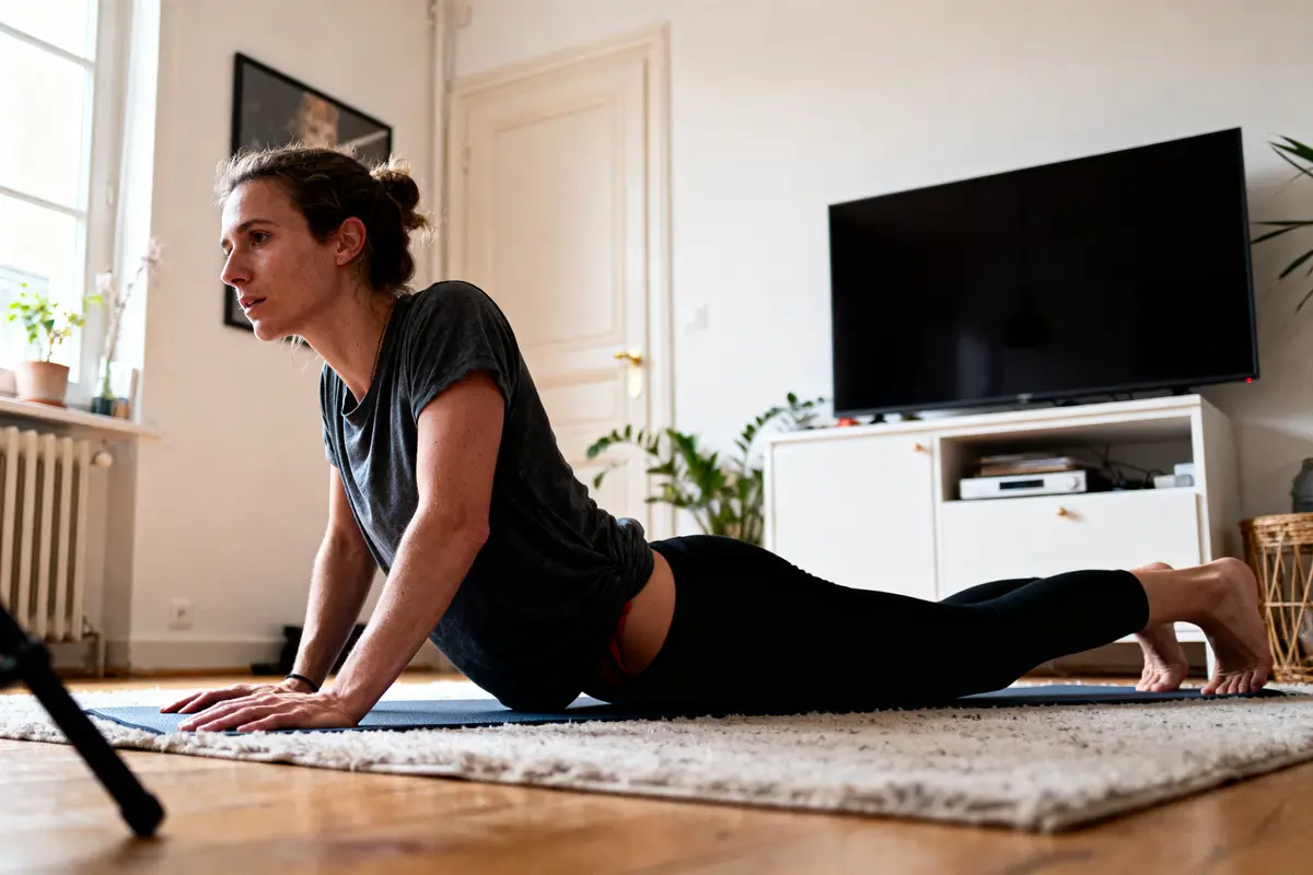 Femme fait du yoga chez elle, posée sur un tapis, télévision et plantes en arrière-plan.