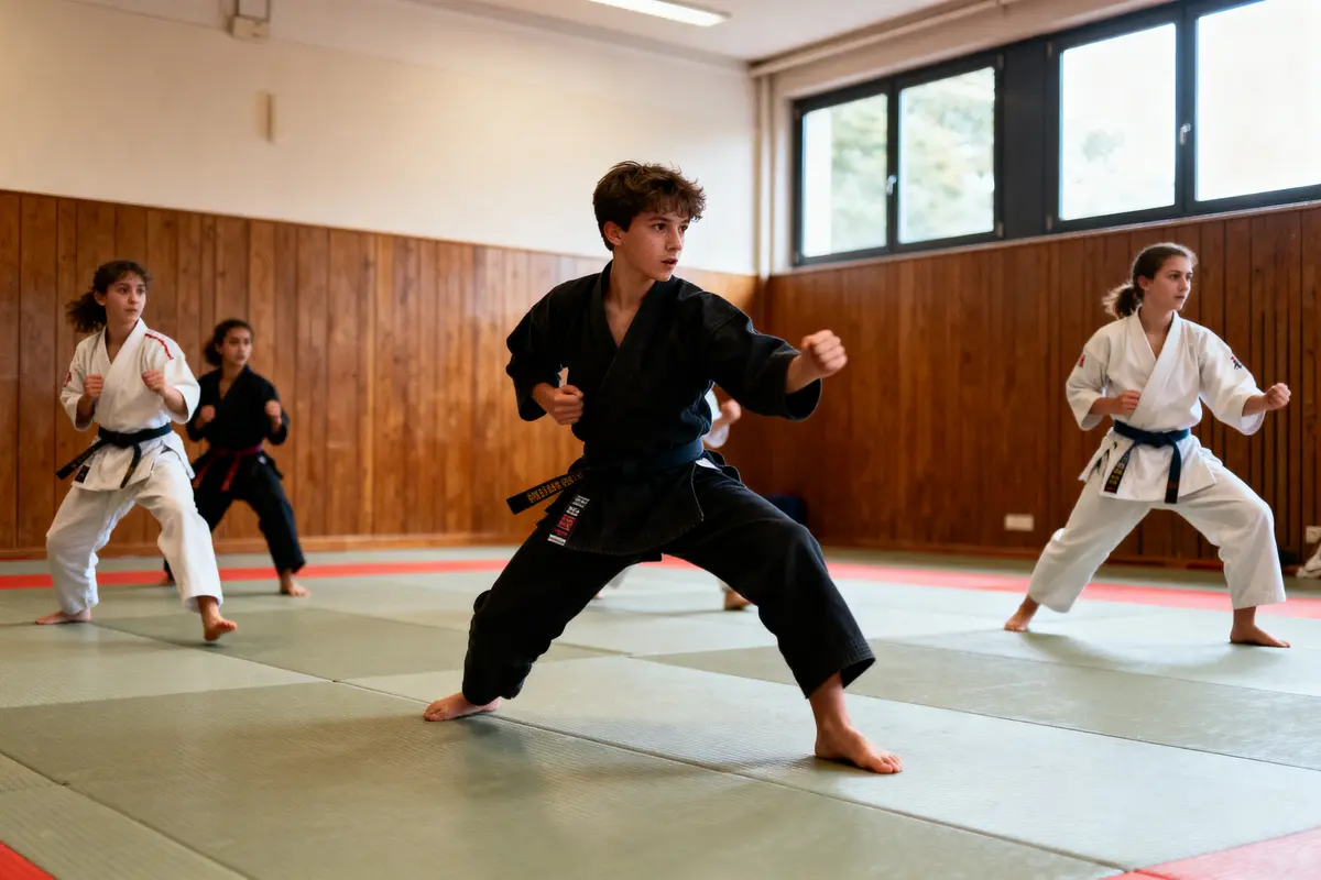 pexels-michal-pech-213601-757318 (1) Quatre enfants pratiquent du karaté dans un dojo, portant des kimonos noirs et blancs, concentrés sur leurs mouvements.
