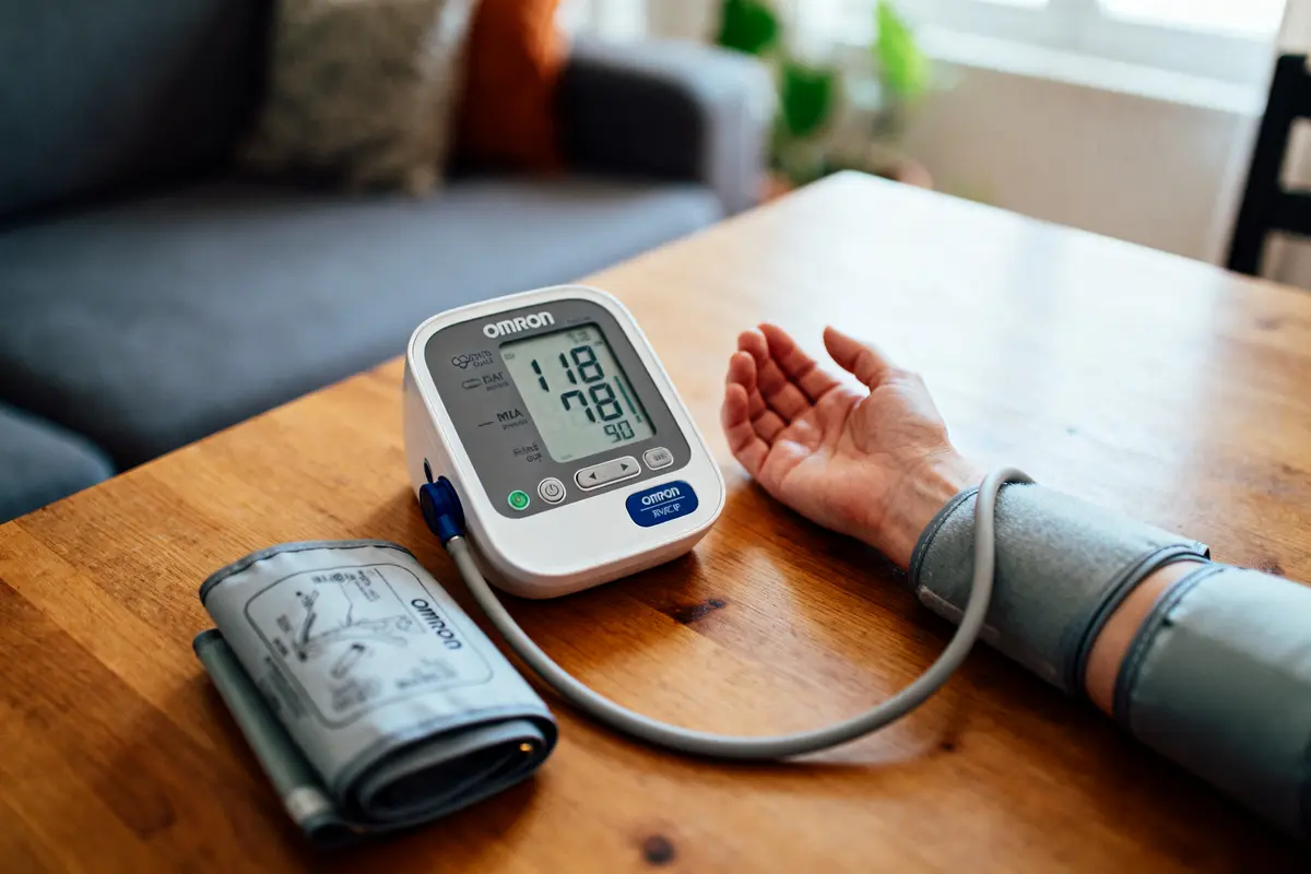 pexels-michal-pech-213601-757318 (1) Personne utilisant un tensiomètre électronique pour mesurer la pression artérielle sur une table en bois.