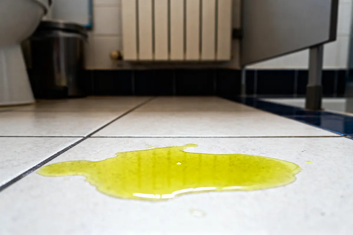 Flaque de liquide jaune sur le sol carrelé d'une salle de bain, près d'une poubelle et radiateur.