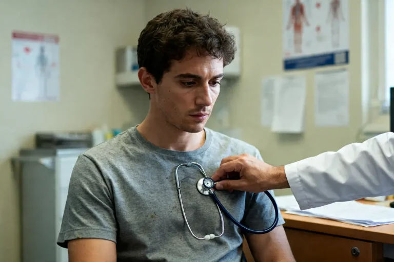 Médecin auscultant un patient assis en consultation avec un stéthoscope dans une clinique