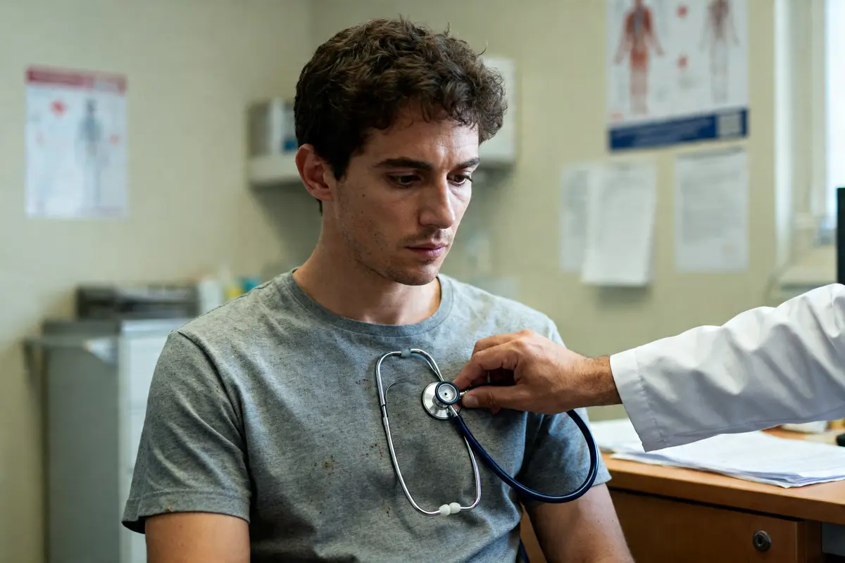 Médecin auscultant un patient assis en consultation avec un stéthoscope dans une clinique