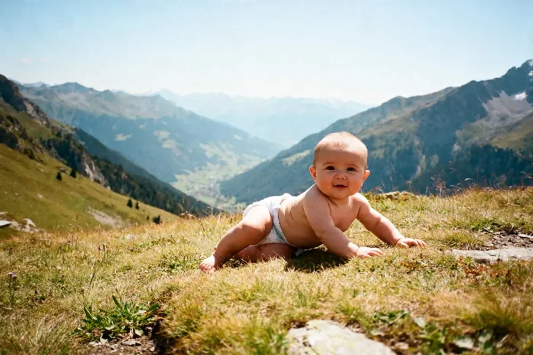 Bébé en altitude rampant sur une colline verdoyante avec vue sur montagnes majestueuses