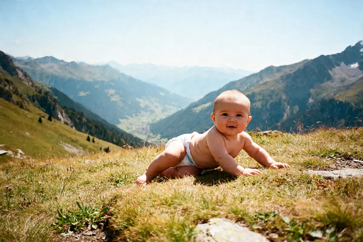 Bébé en altitude rampant sur une colline verdoyante avec vue sur montagnes majestueuses