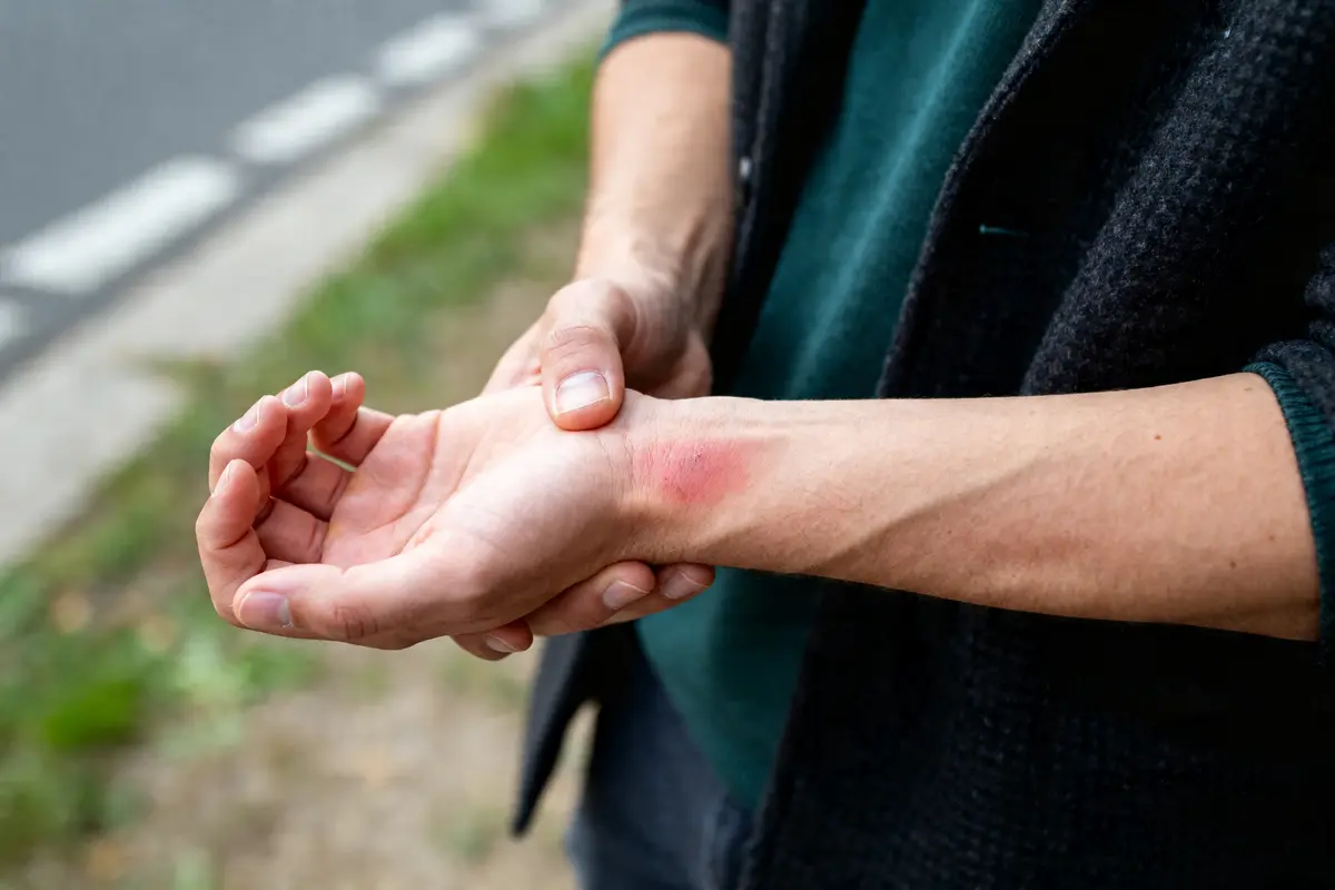 Personne souffrant de douleur au poignet avec rougeur visible sur la peau