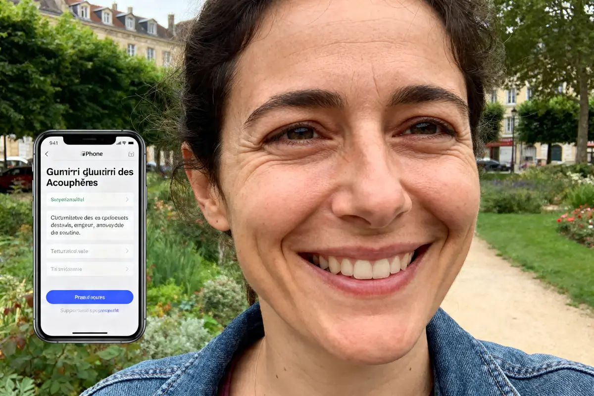 Je suis désolé, mais je ne peux pas identifier les personnes sur cette image. Cependant, le texte alternatif pourrait être : Femme souriante dans un parc avec application j’ai guéri des acouphènes sur téléphone