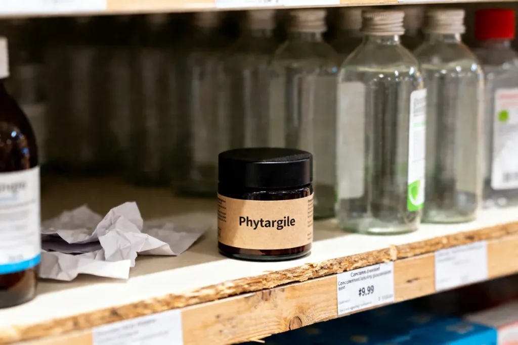 Bocal de Phytargile en étagère montrant le prix en pharmacie du concentré Phytargile