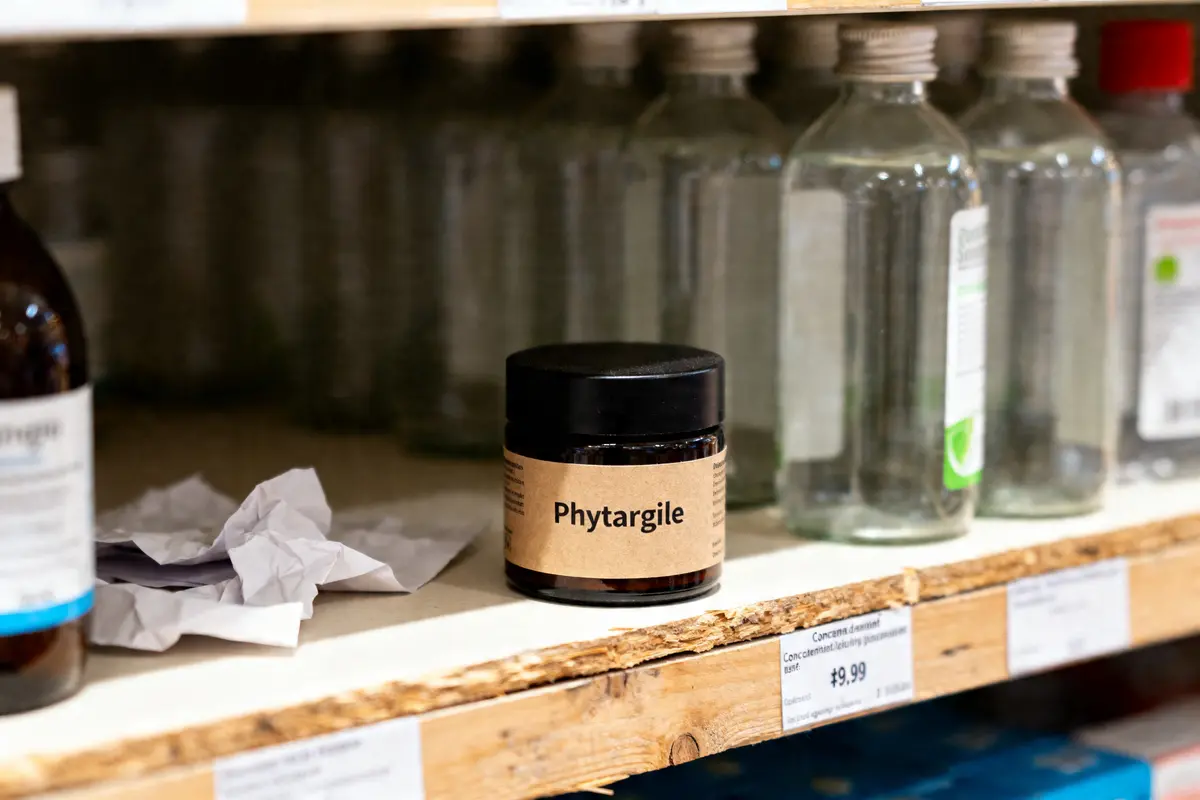 Bocal de Phytargile en étagère montrant le prix en pharmacie du concentré Phytargile