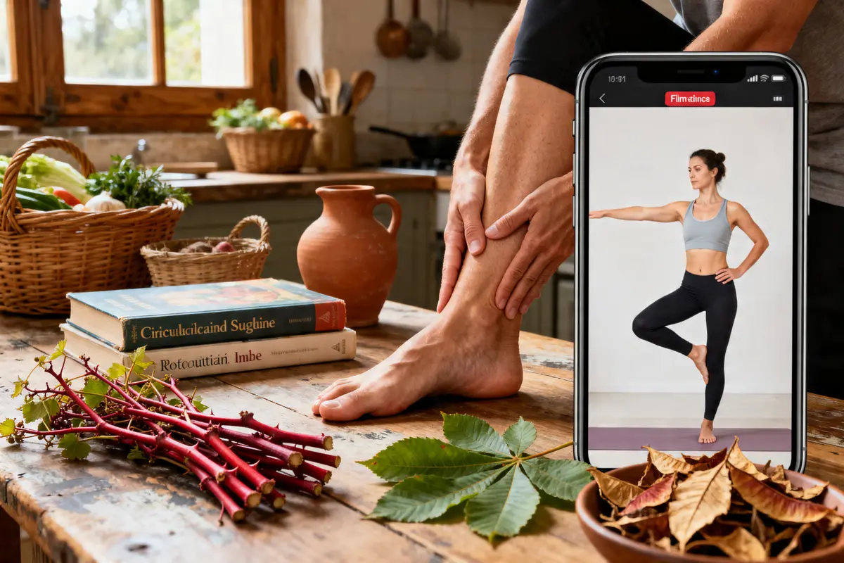 Personne massant la jambe, téléphone affichant yoga, ingrédients remède de grand-mère circulation du sang.
