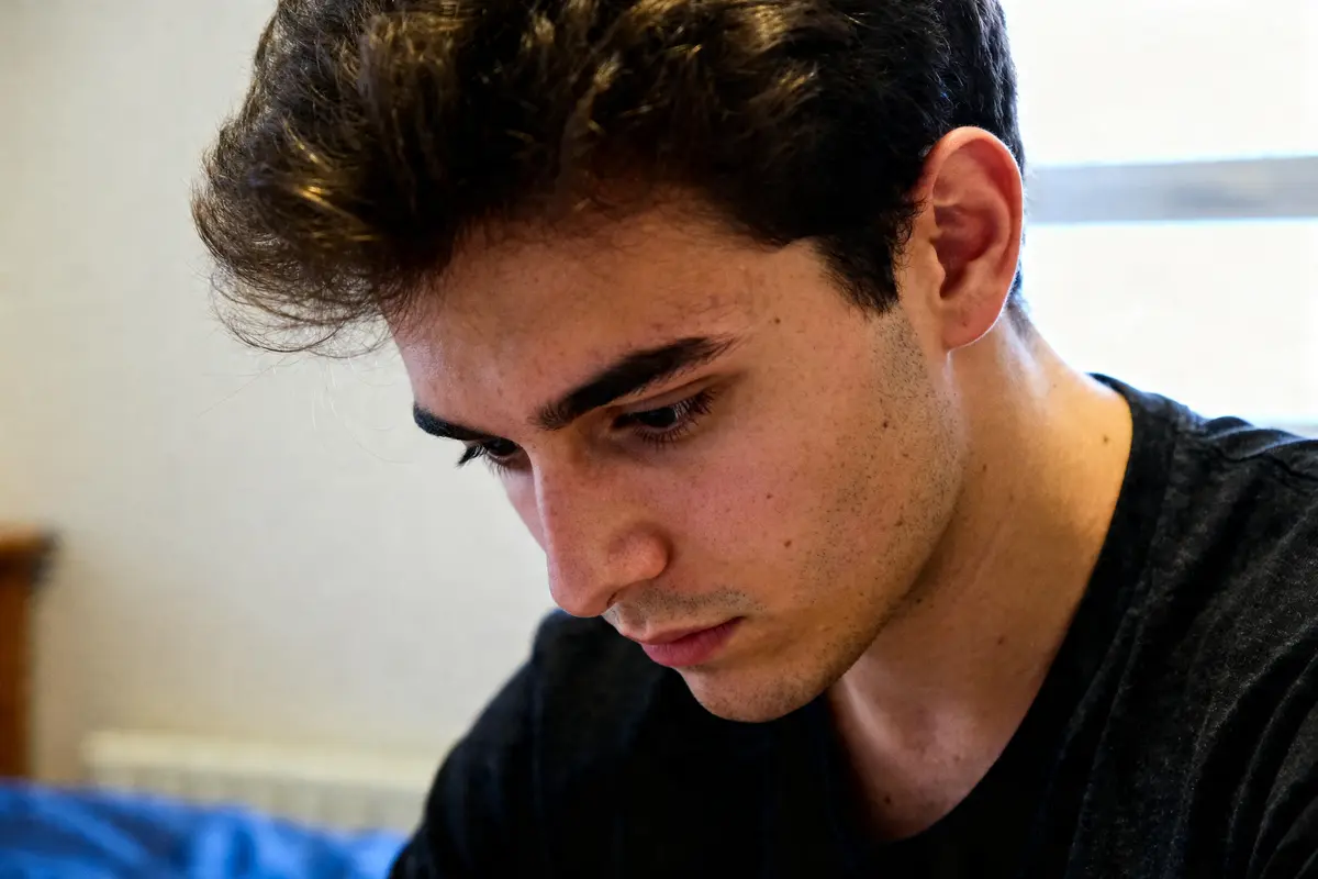 Jeune homme pensif explorant la signification spirituelle du cuir chevelu qui gratte attentivement