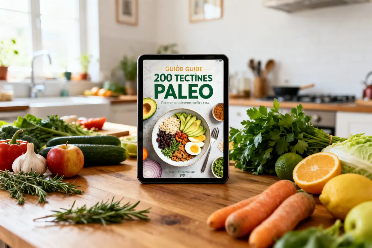 Tablette affichant ebook avec 200 recettes paléo pdf sur une table de cuisine avec légumes