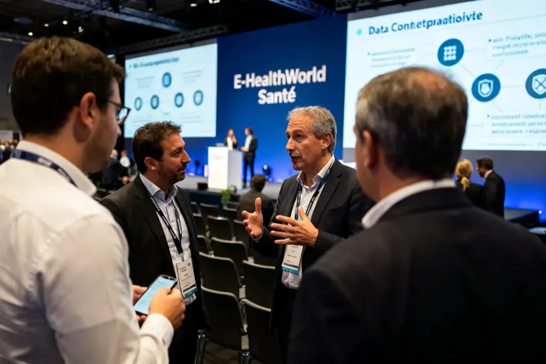 Des experts discutent données lors d'une conférence E-HealthWorld Santé avec présentation projetée.