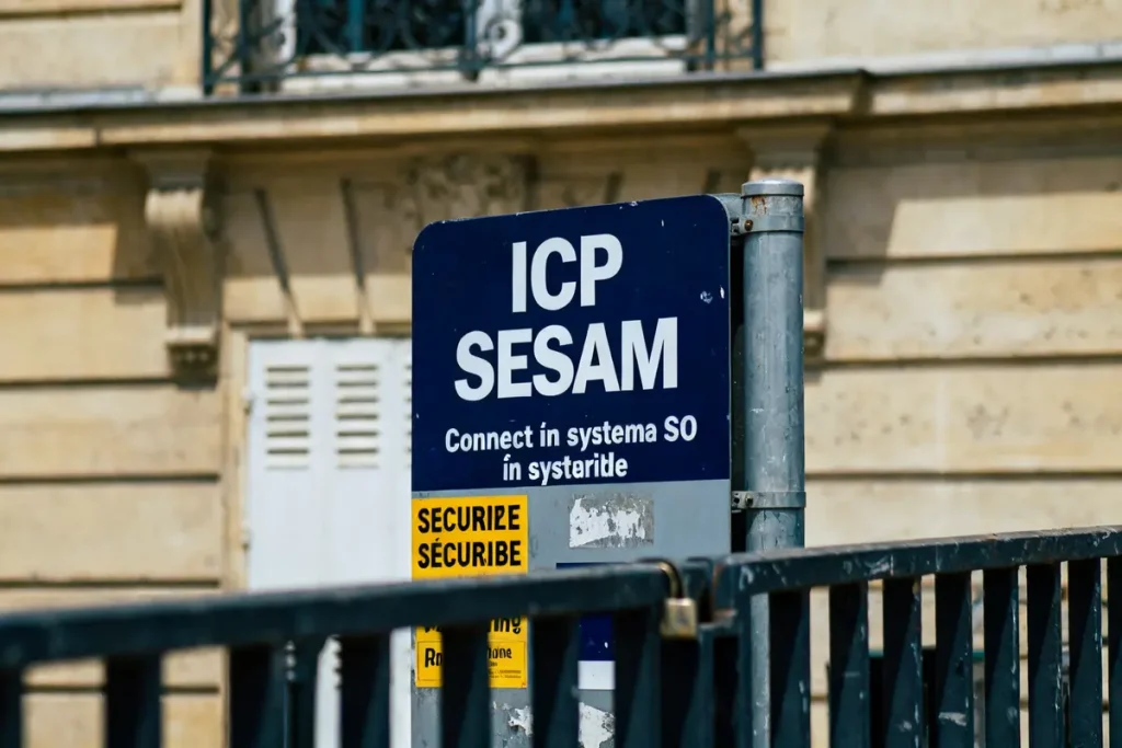 Panneau de sécurité bleue et jaune affichant ICP SESAM devant un bâtiment parisien.